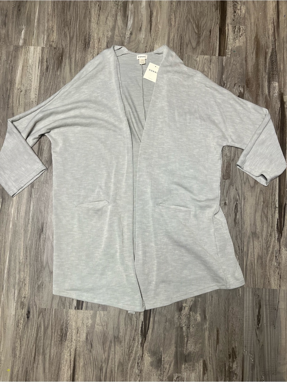 NWT DONNI Sandwash Ribbed Open Duster Cardigan Gray Stripe OSFA Pockets